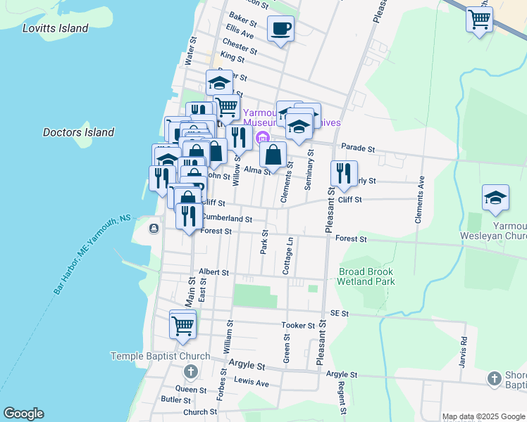 map of restaurants, bars, coffee shops, grocery stores, and more near 67 Cliff Street in Yarmouth