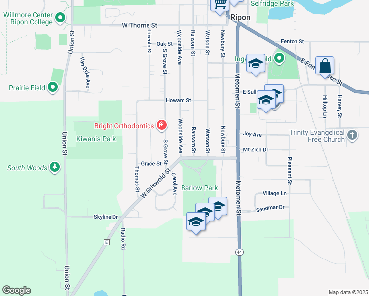 map of restaurants, bars, coffee shops, grocery stores, and more near 926 Ransom Street in Ripon