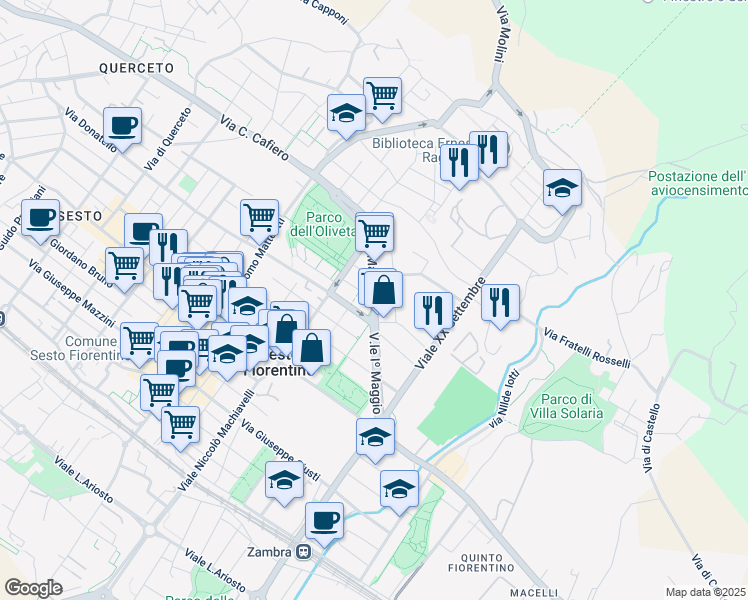 map of restaurants, bars, coffee shops, grocery stores, and more near 294 Viale I Maggio in Sesto Fiorentino