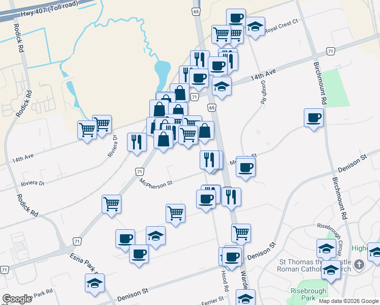 map of restaurants, bars, coffee shops, grocery stores, and more near 570 Hood Road in Markham