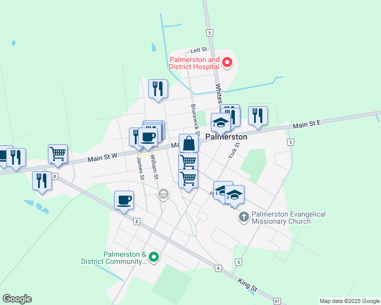 map of restaurants, bars, coffee shops, grocery stores, and more near 155 Queen Street North in Palmerston