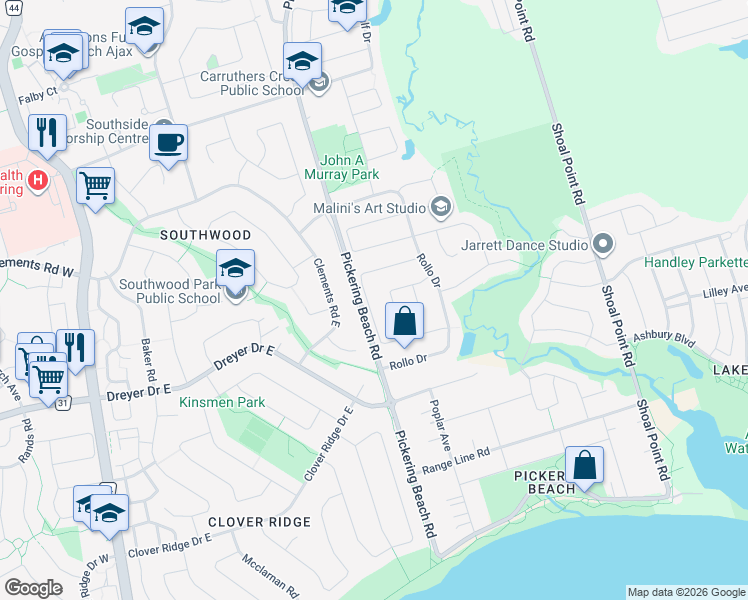map of restaurants, bars, coffee shops, grocery stores, and more near 55 Hewitt Crescent in Ajax