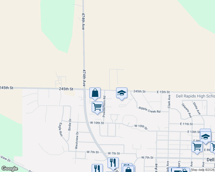 map of restaurants, bars, coffee shops, grocery stores, and more near 1402 Powderhorn Road in Dell Rapids