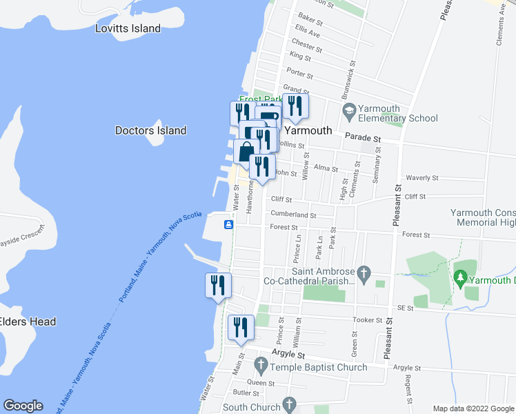 map of restaurants, bars, coffee shops, grocery stores, and more near 250 Main Street in Yarmouth