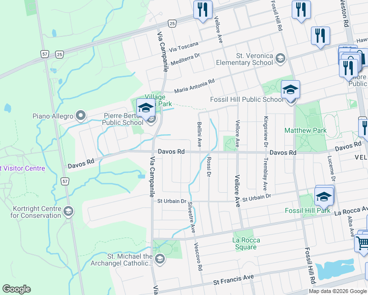 map of restaurants, bars, coffee shops, grocery stores, and more near 418 Davos Road in Vaughan