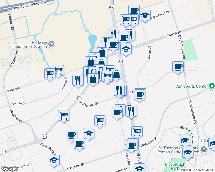 map of restaurants, bars, coffee shops, grocery stores, and more near 570 Hood Road in Markham