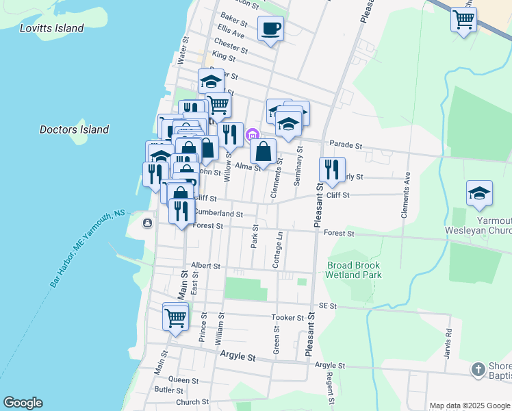 map of restaurants, bars, coffee shops, grocery stores, and more near 67 Cliff Street in Yarmouth