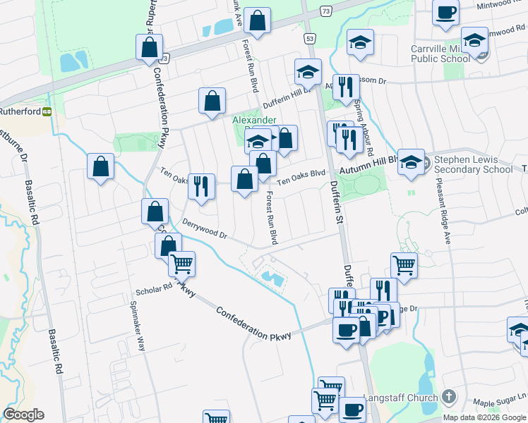 map of restaurants, bars, coffee shops, grocery stores, and more near 282 Forest Run Boulevard in Vaughan