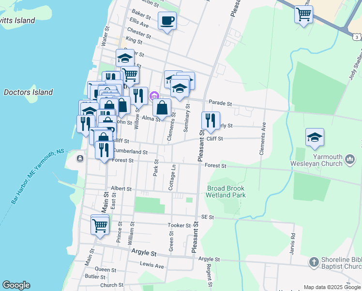map of restaurants, bars, coffee shops, grocery stores, and more near in Yarmouth