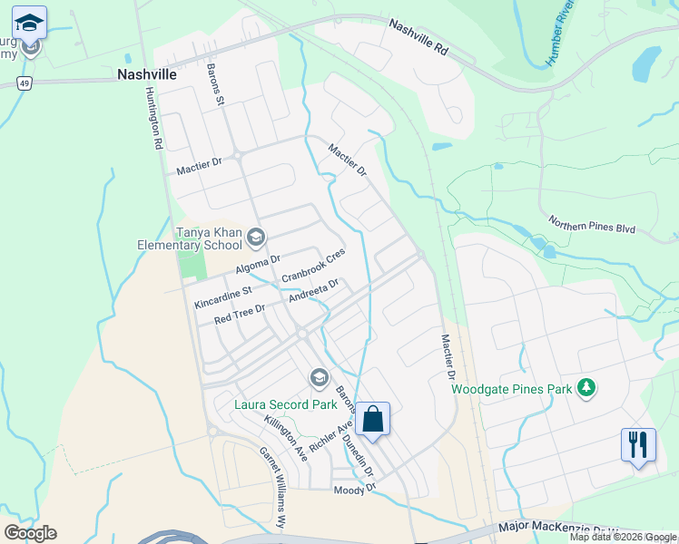 map of restaurants, bars, coffee shops, grocery stores, and more near 76 Andreeta Drive in Vaughan