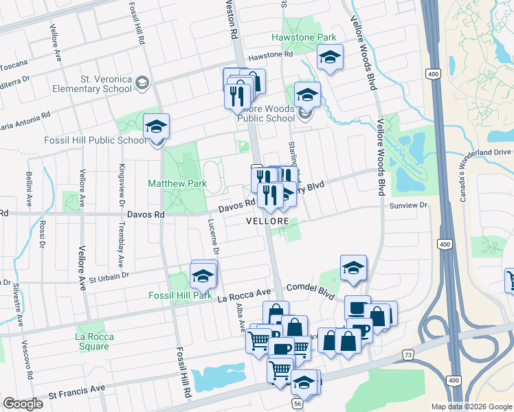 map of restaurants, bars, coffee shops, grocery stores, and more near 15 Davos Road in Vaughan