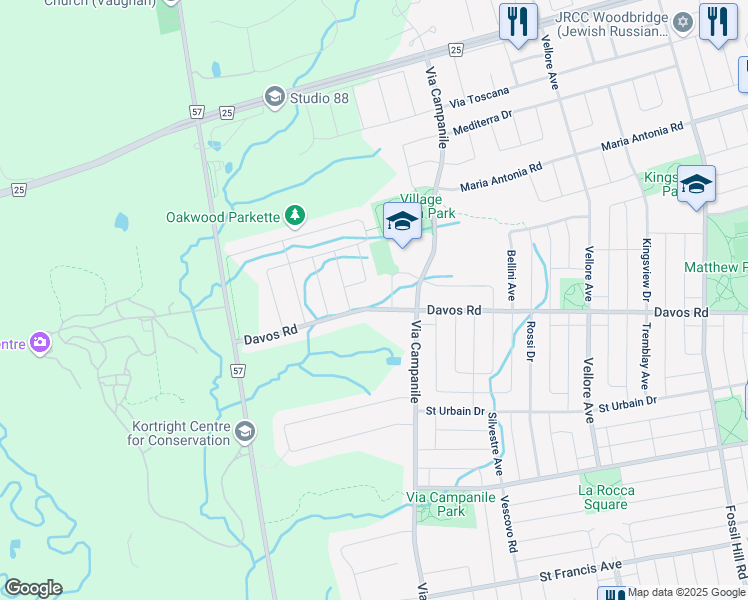 map of restaurants, bars, coffee shops, grocery stores, and more near 540 Davos Road in Vaughan