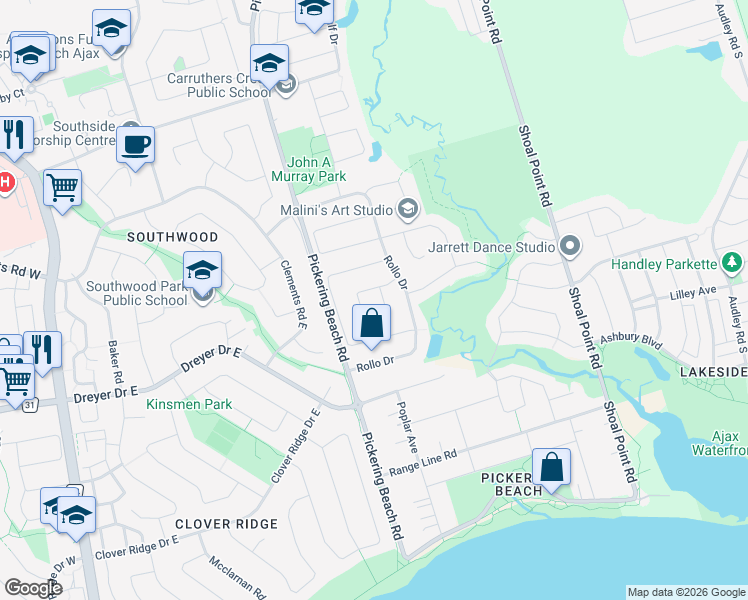 map of restaurants, bars, coffee shops, grocery stores, and more near 3 Doyle Court in Ajax