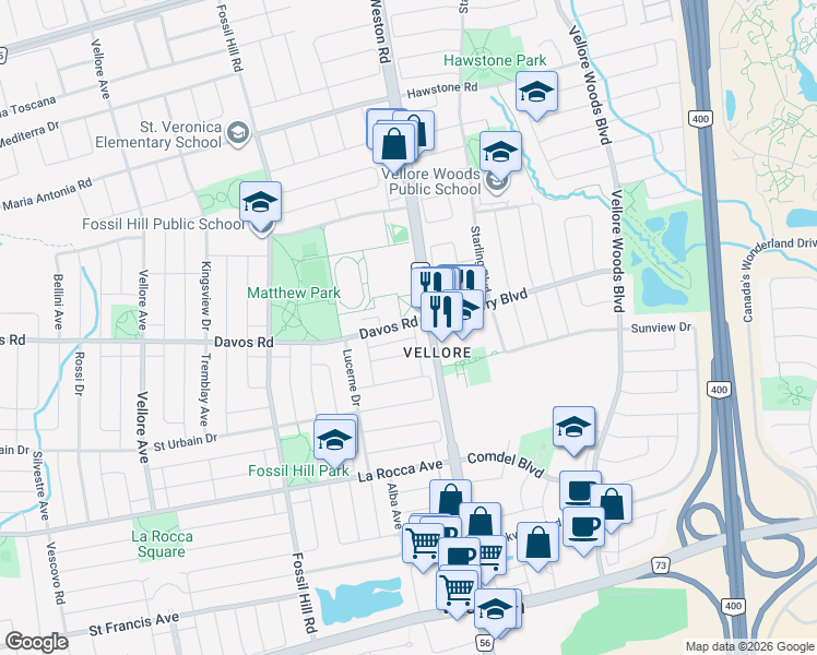 map of restaurants, bars, coffee shops, grocery stores, and more near 15 Davos Road in Vaughan