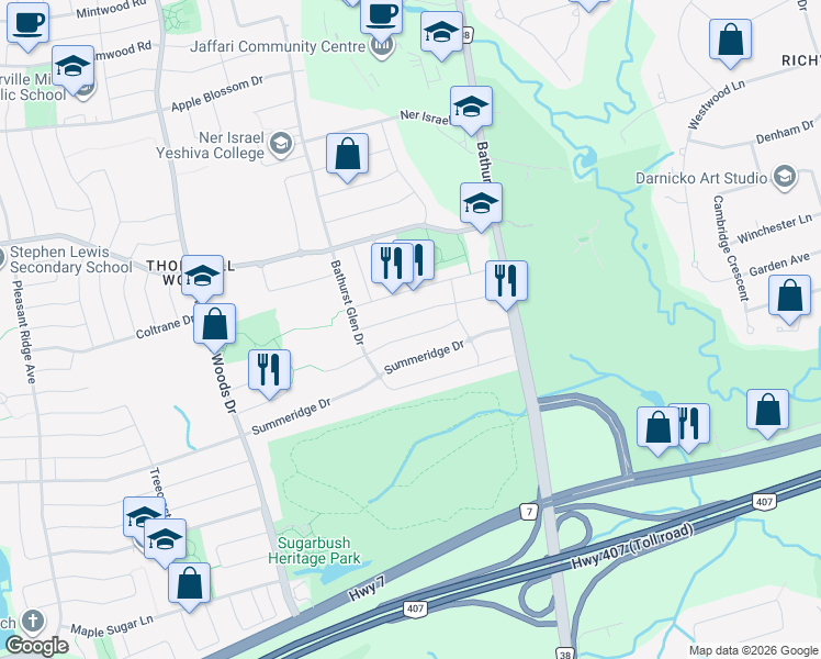 map of restaurants, bars, coffee shops, grocery stores, and more near 48 Chardonnay Drive in Vaughan