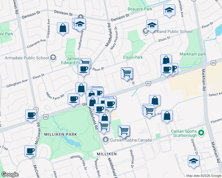 map of restaurants, bars, coffee shops, grocery stores, and more near 39 Joycedale Street in Markham