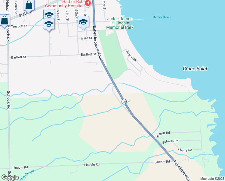 map of restaurants, bars, coffee shops, grocery stores, and more near 896 South Lakeshore Road in Harbor Beach