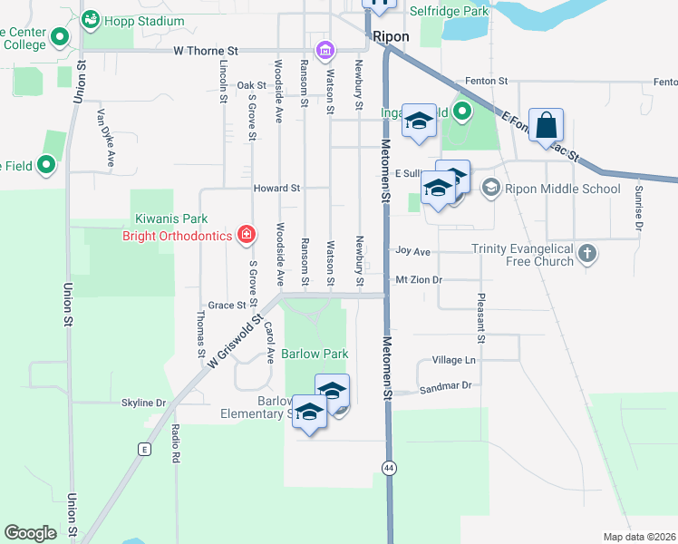 map of restaurants, bars, coffee shops, grocery stores, and more near 926 Watson Street in Ripon