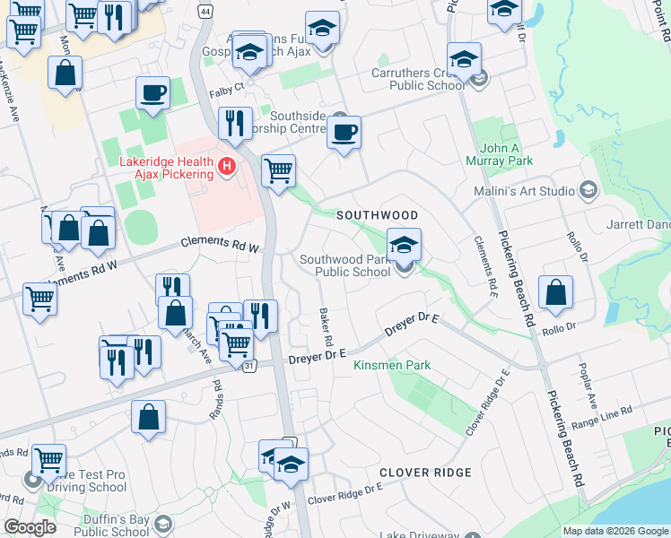 map of restaurants, bars, coffee shops, grocery stores, and more near 18 Strathy Road in Ajax