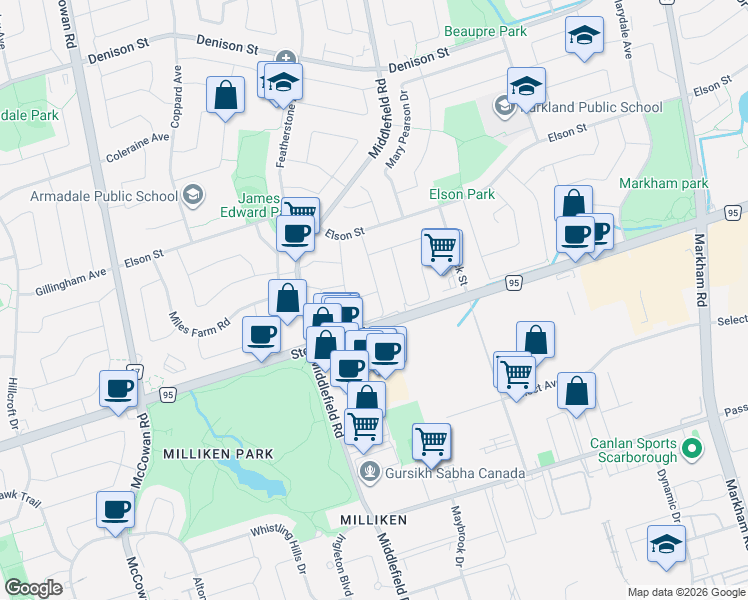map of restaurants, bars, coffee shops, grocery stores, and more near 44 Dorothy Britton Drive in Markham