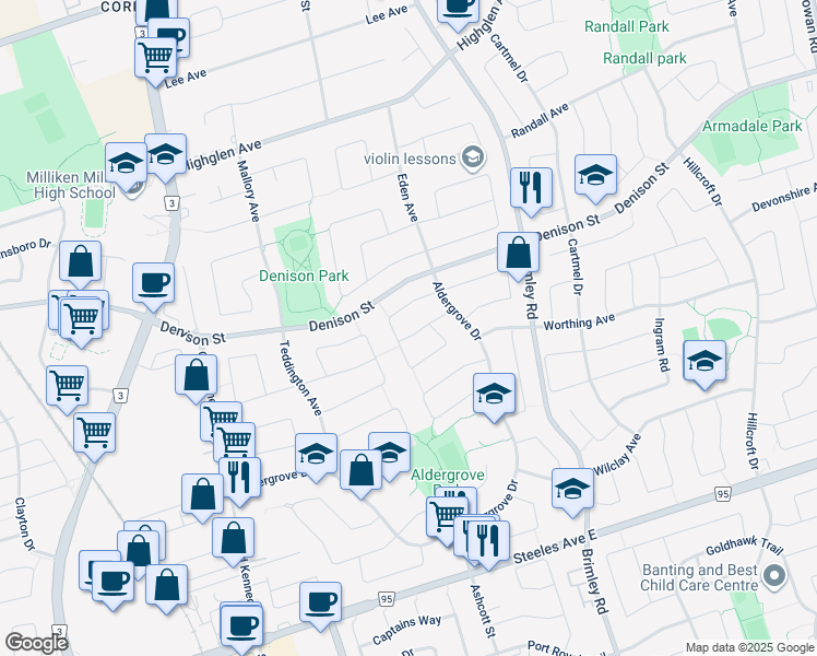 map of restaurants, bars, coffee shops, grocery stores, and more near 28 Martlesham Road in Markham