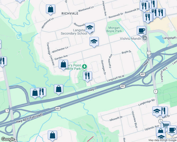 map of restaurants, bars, coffee shops, grocery stores, and more near 1 Tiffany Gate in Richmond Hill