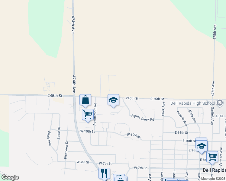 map of restaurants, bars, coffee shops, grocery stores, and more near in Dell Rapids