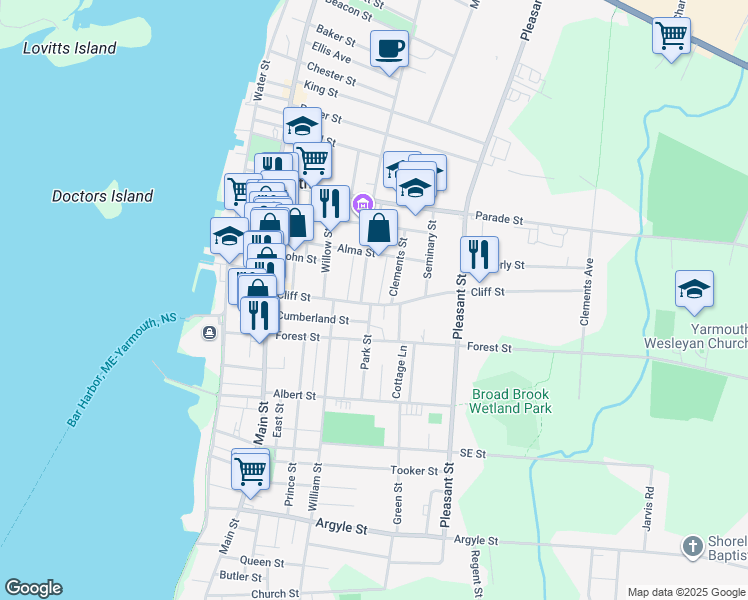 map of restaurants, bars, coffee shops, grocery stores, and more near 70 Cliff Street in Yarmouth