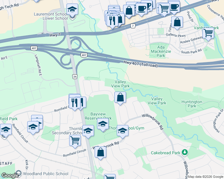 map of restaurants, bars, coffee shops, grocery stores, and more near 46 Sycamore Drive in Markham