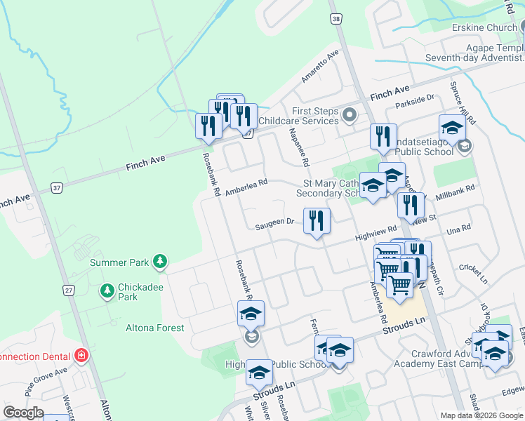 map of restaurants, bars, coffee shops, grocery stores, and more near 511 Driftwood Court in Pickering