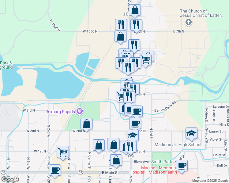 map of restaurants, bars, coffee shops, grocery stores, and more near 125 Valley River Drive in Rexburg