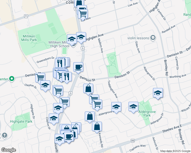 map of restaurants, bars, coffee shops, grocery stores, and more near 55 Northolt Crescent in Markham