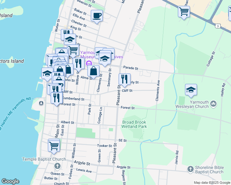 map of restaurants, bars, coffee shops, grocery stores, and more near 91 Cliff Street in Yarmouth