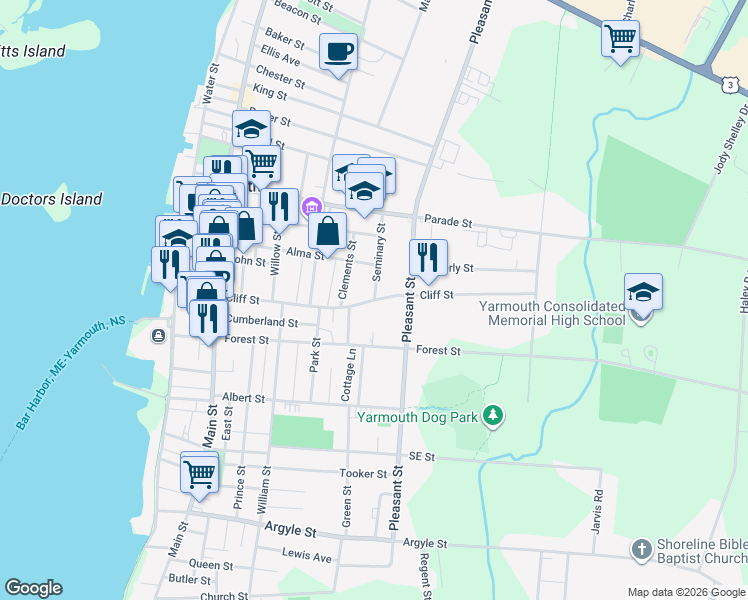 map of restaurants, bars, coffee shops, grocery stores, and more near Cliff Street in Yarmouth