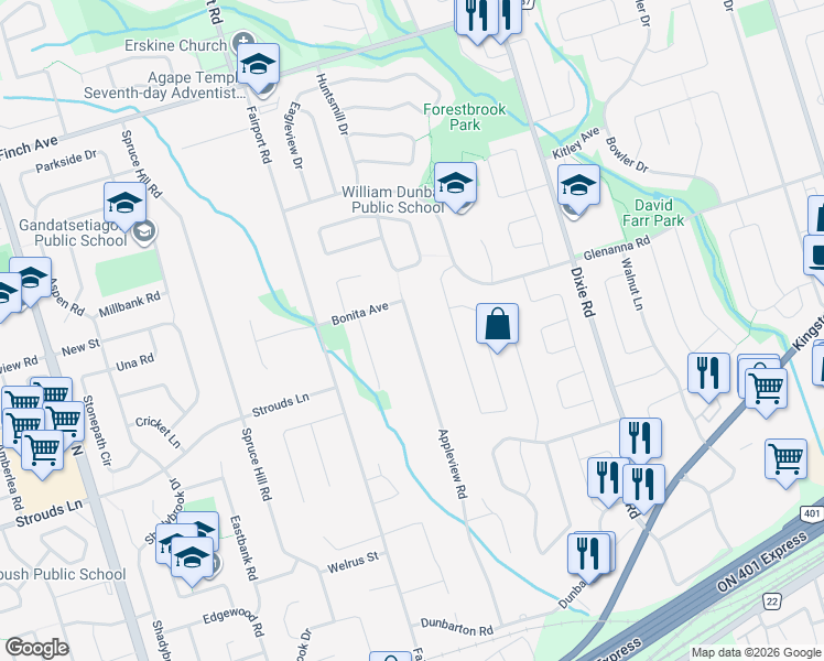 map of restaurants, bars, coffee shops, grocery stores, and more near 1879 Appleview Road in Pickering