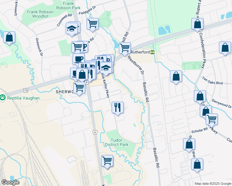 map of restaurants, bars, coffee shops, grocery stores, and more near 101 Jacob Keffer Parkway in Vaughan