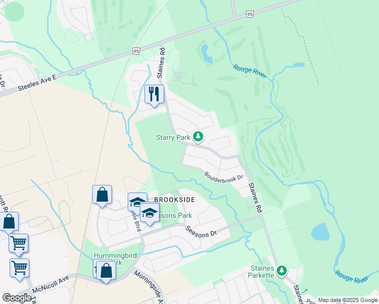 map of restaurants, bars, coffee shops, grocery stores, and more near 70 Rivendell Trail in Toronto