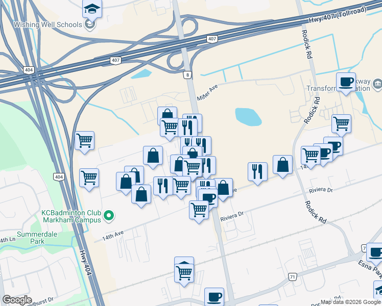 map of restaurants, bars, coffee shops, grocery stores, and more near 7880 Woodbine Avenue in Markham