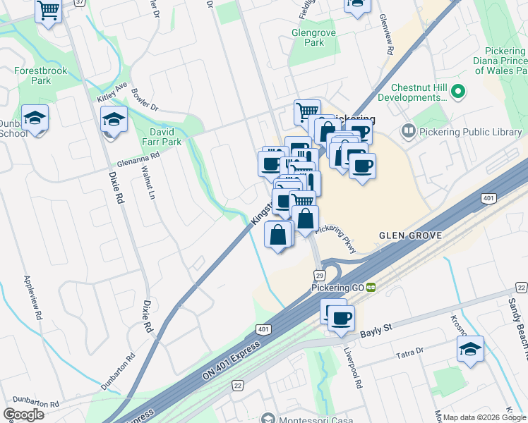 map of restaurants, bars, coffee shops, grocery stores, and more near Kingston Road in Pickering