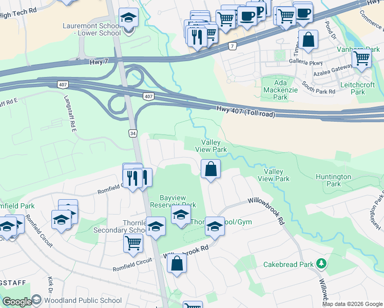 map of restaurants, bars, coffee shops, grocery stores, and more near 42 Sycamore Drive in Markham