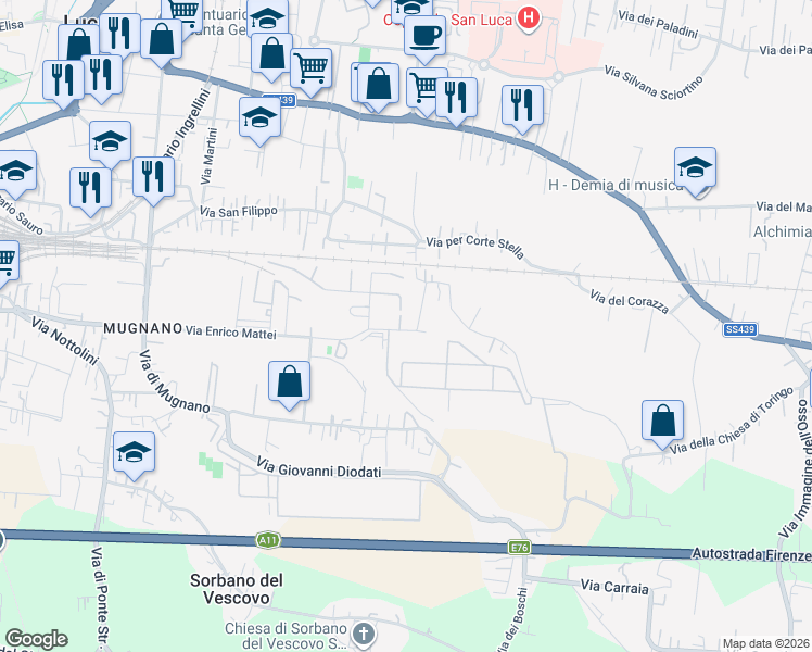 map of restaurants, bars, coffee shops, grocery stores, and more near 887 Via Enrico Mattei in Lucca