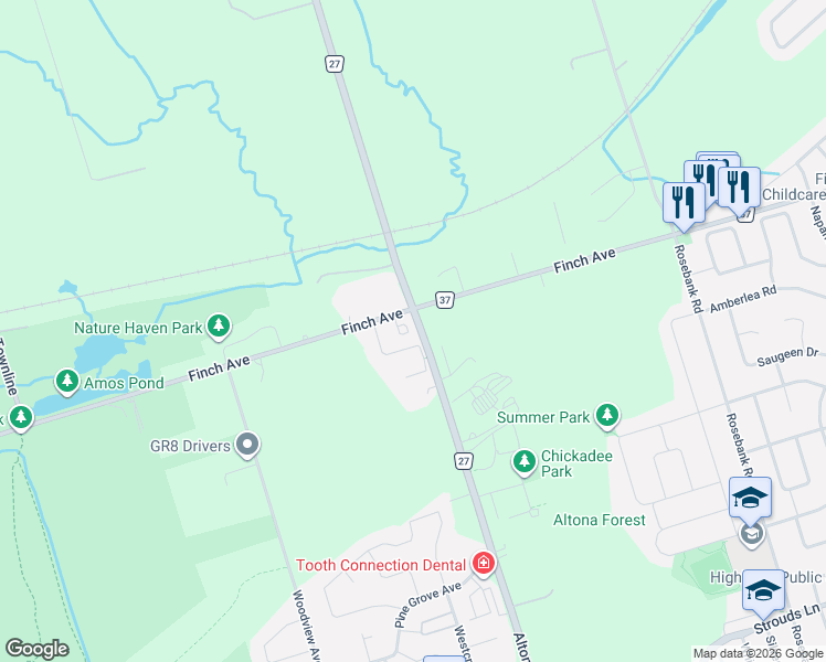 map of restaurants, bars, coffee shops, grocery stores, and more near 285 Finch Avenue in Pickering
