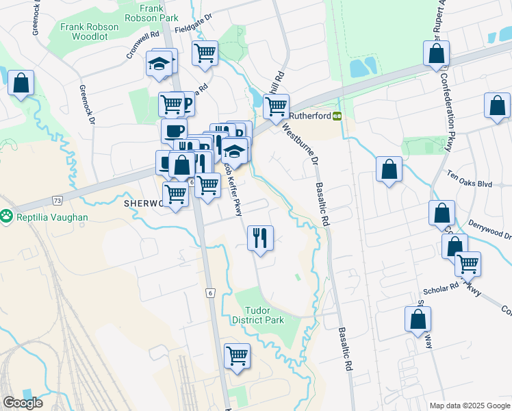 map of restaurants, bars, coffee shops, grocery stores, and more near 101 Jacob Keffer Parkway in Vaughan