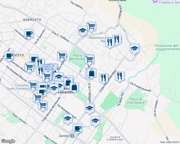 map of restaurants, bars, coffee shops, grocery stores, and more near 294 Viale Iº Maggio in Sesto Fiorentino