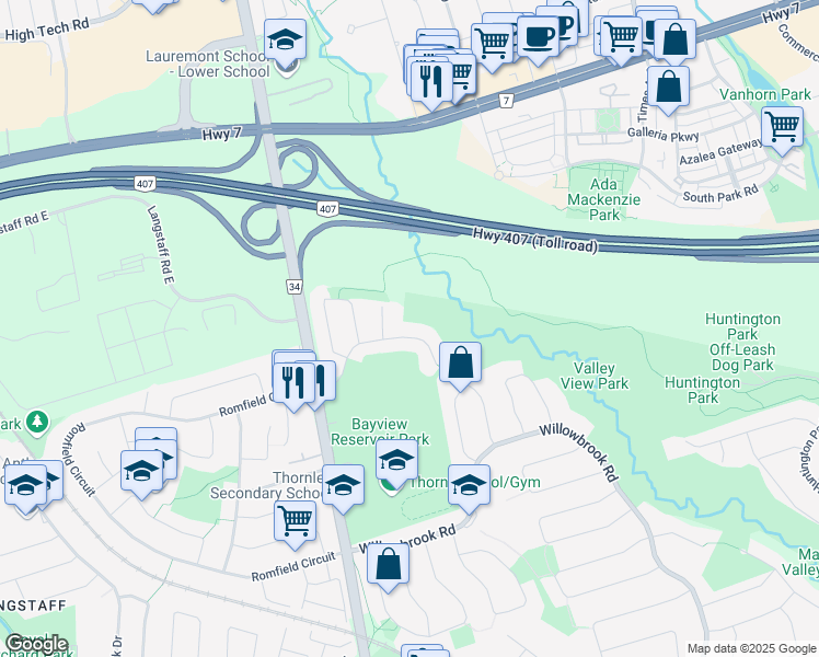 map of restaurants, bars, coffee shops, grocery stores, and more near 38 Sycamore Drive in Markham