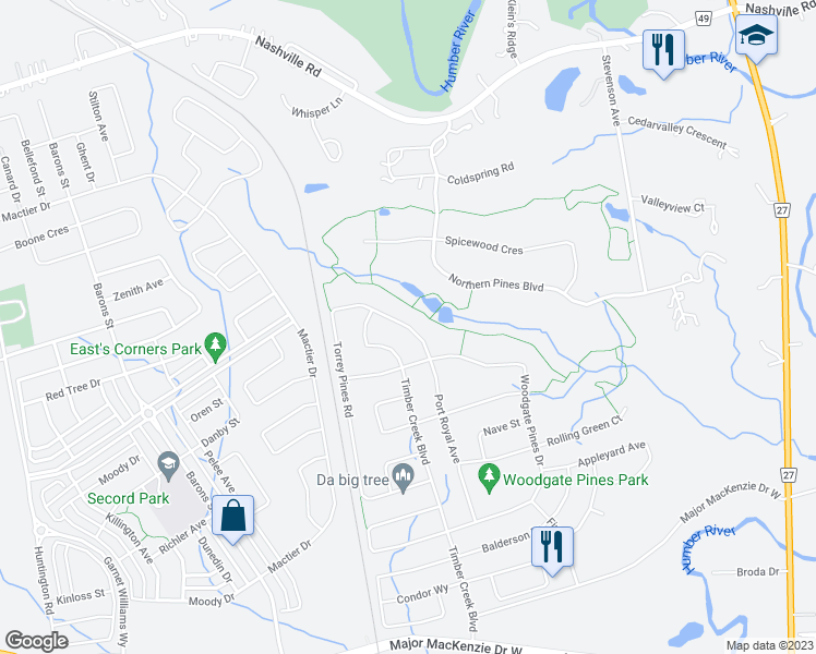 map of restaurants, bars, coffee shops, grocery stores, and more near 355 Torrey Pines Road in Vaughan