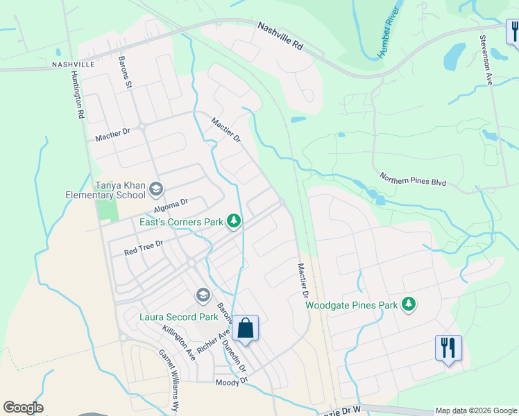 map of restaurants, bars, coffee shops, grocery stores, and more near in Vaughan