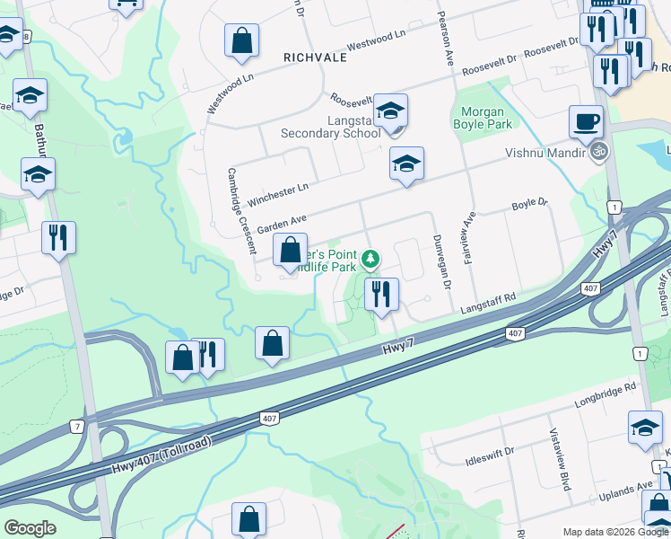 map of restaurants, bars, coffee shops, grocery stores, and more near 50 Misty Moor Drive in Richmond Hill