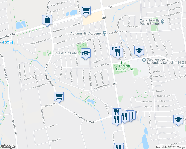 map of restaurants, bars, coffee shops, grocery stores, and more near 2 Eminence Road in Vaughan