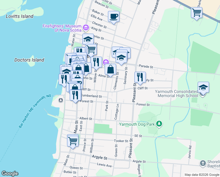 map of restaurants, bars, coffee shops, grocery stores, and more near in Yarmouth
